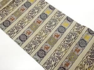 横段・動物に葡萄唐草模様織出し開き名古屋帯（額縁仕立て）